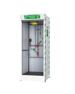 Hughes cubicle shower for contained decontamination with hose brush and shower rose