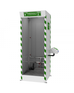 Hughes multi-nozzle cubicle safety shower with external ABS closed bowl eye wash for a designated decontamination zone