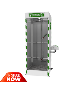 Cubicle safety shower with partition blinds for contained decontamination zone and external ABS closed bowl eye wash from Hughes