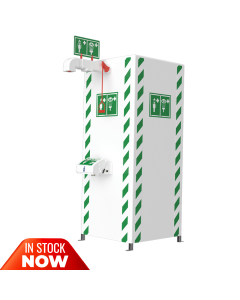 Temperature controlled safety shower with lidded eye/face wash