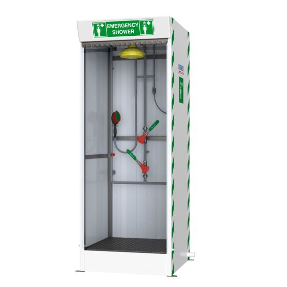 Hughes cubicle shower for contained decontamination with hose brush and shower rose 