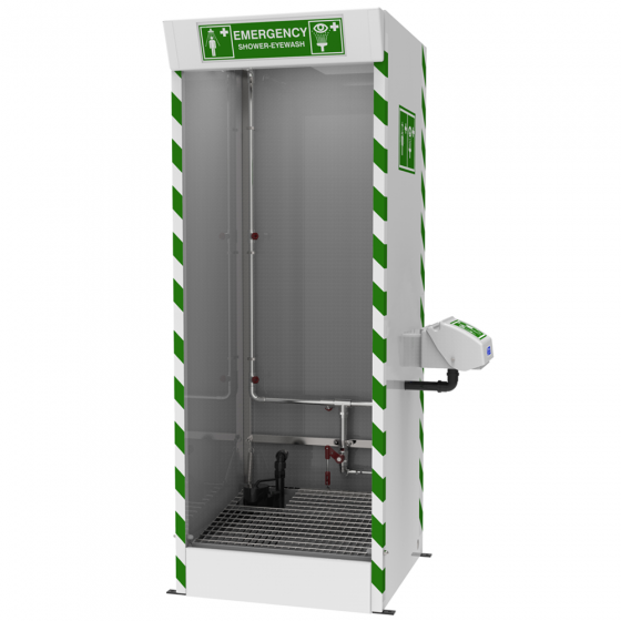 Hughes multi-nozzle cubicle safety shower with external ABS closed bowl eye wash for a designated decontamination zone