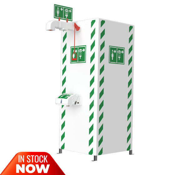 Safety shower and ASA closed bowl eye wash with integral water heater